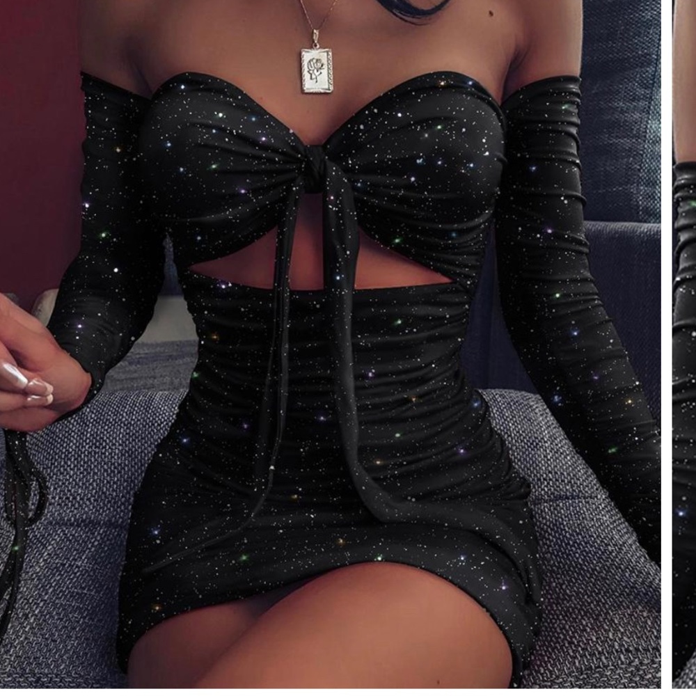 COPY - Black glitter off shoulder ruched bodycon dress